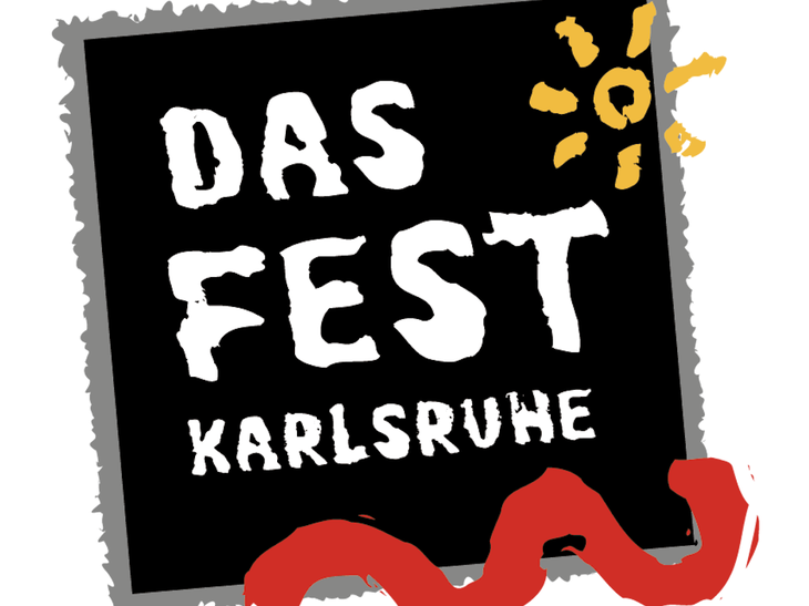 Logo von DAS FEST Karlsruhe in schwarz und weiß mit einer gelben Sonne und einer roten Welle