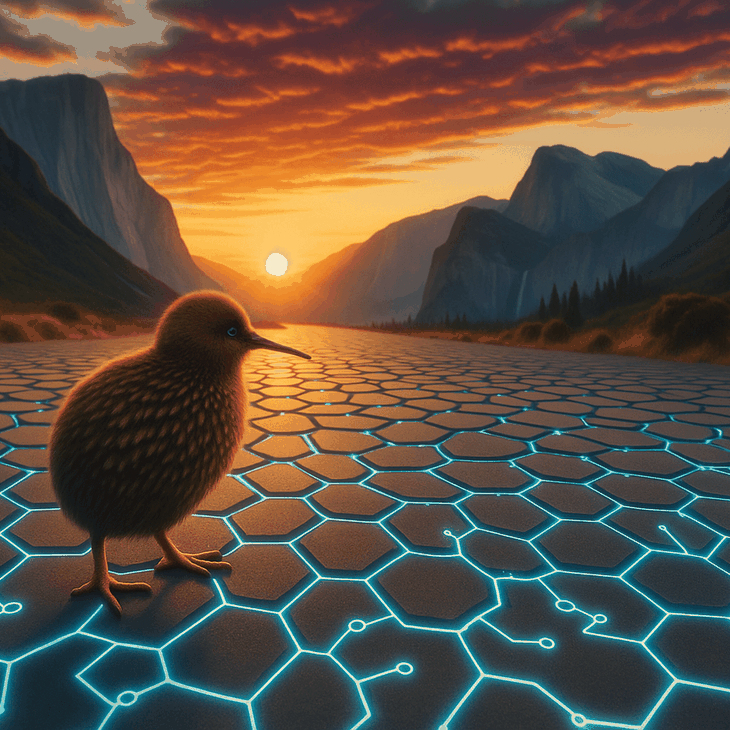 Kiwi Vogel auf Data Mesh vor Sonnenuntergang