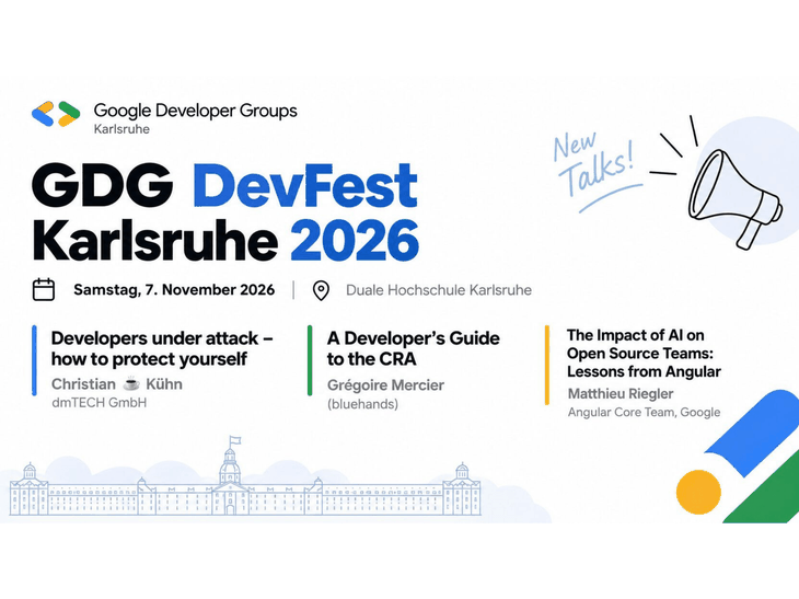 Flyer für das GDG DevFest Karlsruhe 2026 am 7. November an der Dualen Hochschule Karlsruhe