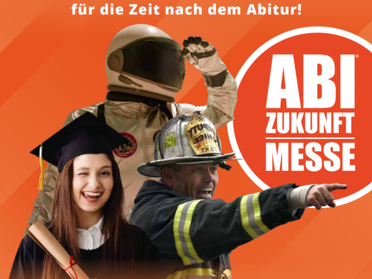 Eine junge Absolvetin, ein Astronaut und ein Feuerwehrmann neben dem Logo der Abi Zukunft Messe