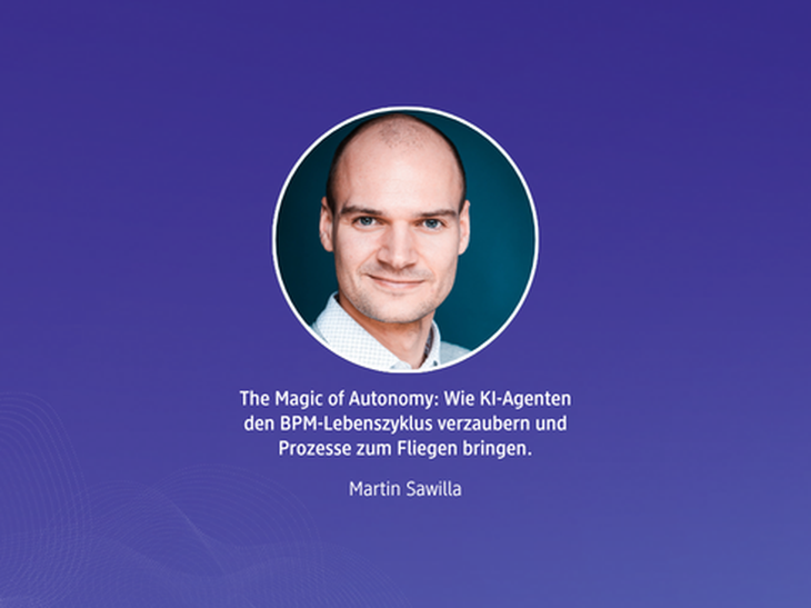 Porträtfoto von Martina Sawilla ist in einem dunkelgrünen Kreis auf violettem Hintergrund angeordnet. Darunter stehen der Text „The Magic of Autonomy: Wie KI-Agenten den BPM-Lebenszyklus verzaubern und Prozesse zum Fliegen bringen" sowie sein Name „Martin Sawilla".