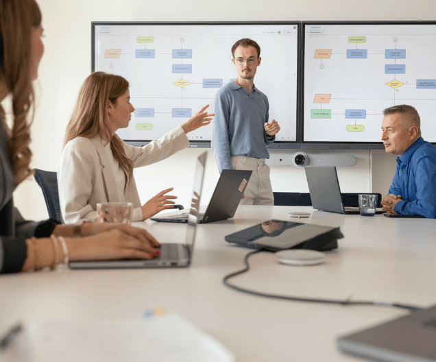 Zwei junge Frauen und zwei Männer sitzen in einem Meetingraum mit mehreren Laptops und digitalen Whiteboards