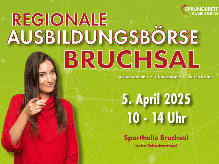 Werbeplakat für die Regionale Ausbildungsbörse Bruchsal. Eine junge Frau zeigt mit dem Zeigefinger lächelnd in die Kamera.