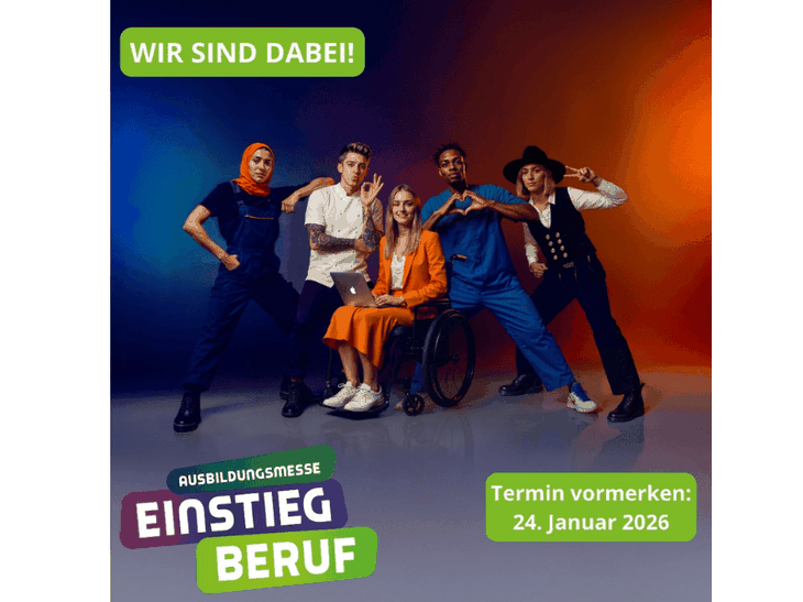 Fünf diverse Schülerinnen und Schüler freuen sich auf die Ausbildungsmesse  Einstieg Beruf am 24. Januar 2026